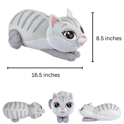 Plush cat on white background showing side, top, and front view. Purryfuls dimensions 16.5 x 8.5 inches 