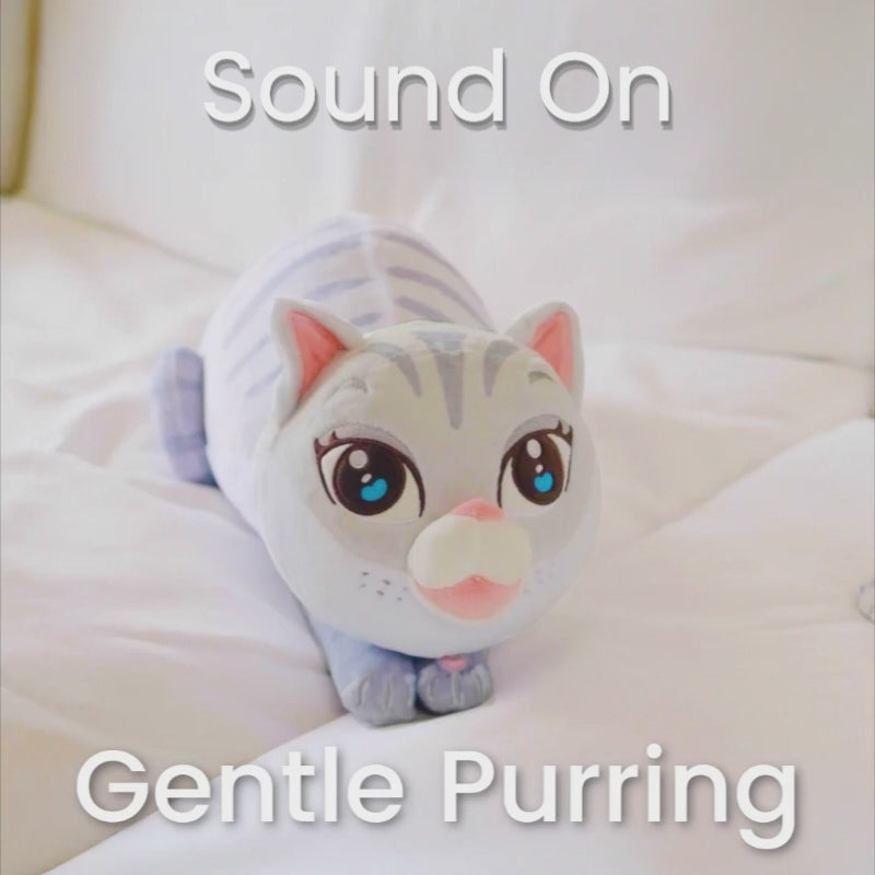 Video of purring plush cat on couch and cuddled by women demonstrating purring audio 